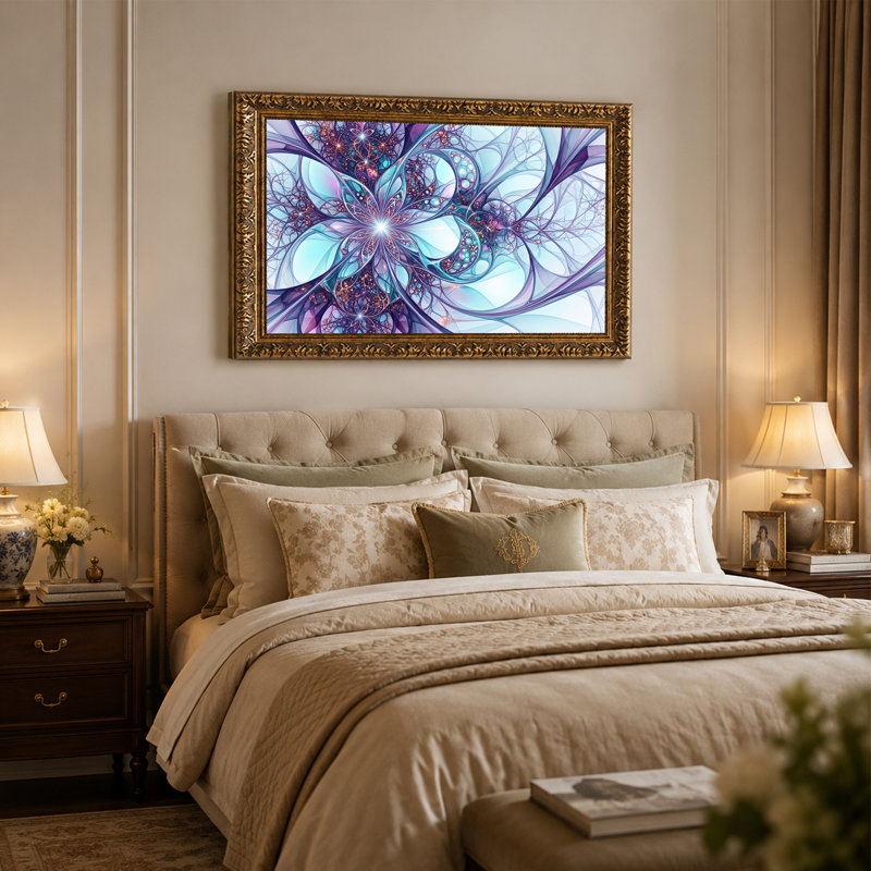 Motif de fractale tourbillonnante bleue et mauve avec toile dorée, 12"H x 18"W