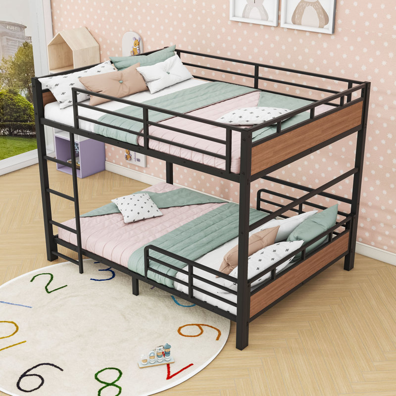 Metal Bunk Bed With Raised Security Fence, Walnut, Full Over Full