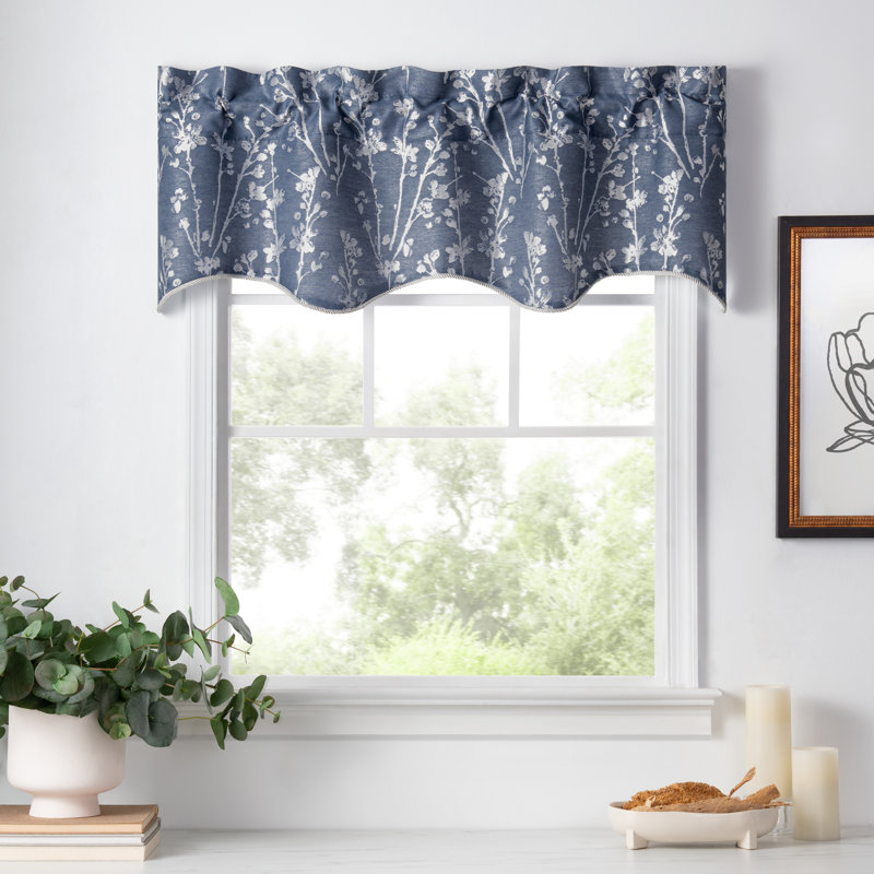 Cobalt Blue Floral Polyester Scalloped Window Valance, 50" x 15"