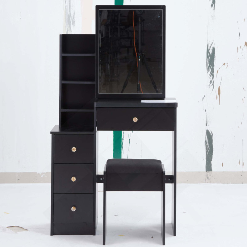 Petit meuble-lavabo à gauche avec tabouret de chevet + tabouret rembourré, très grand miroir coulissant à droite, rangement multi-couches à grande capacité, commode pratique et pratique, convient aux petits espaces