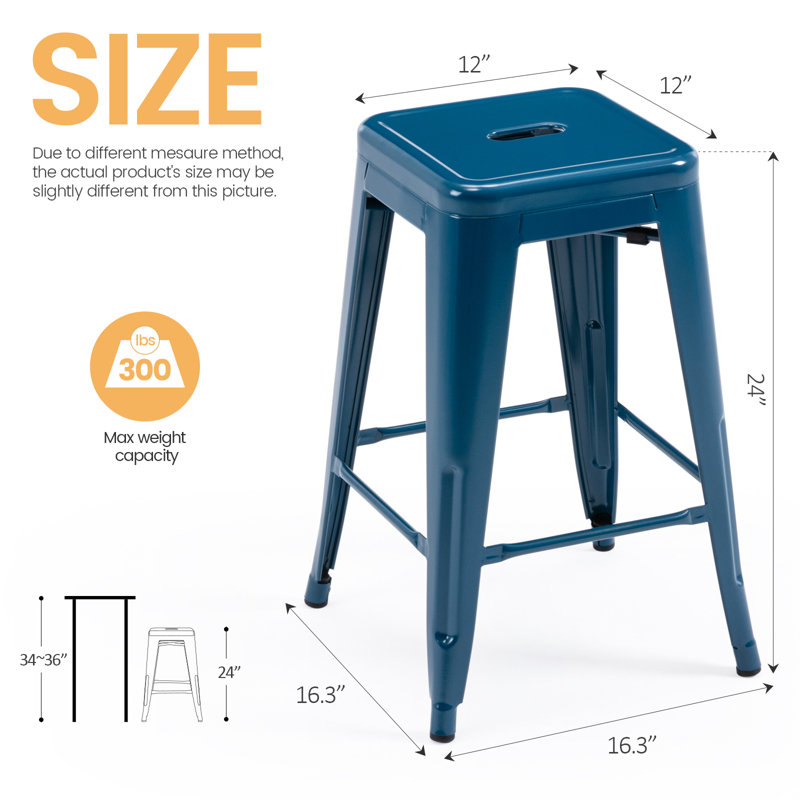 Almodovar 24" 24 Inch Metal Bar Stools, Backless Counter Height Barstools, Stackable Stools with Square, Indigo Blue