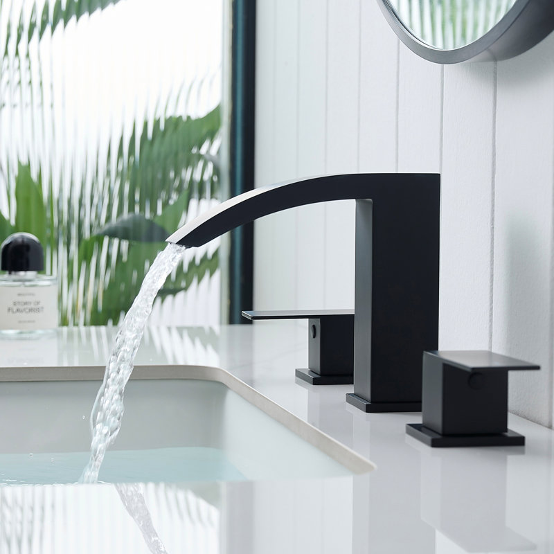 3 Hole 8 Inch Widespread Matte Black Stainless Steel Bathroom Sink Faucet With Double Lever Handles And Side , Easy Installation, Contemporary Style Cartridge Valve, Deck - Mounted