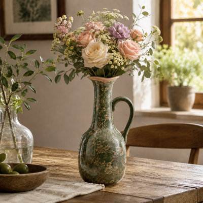 7.1x6.1x14.2" Ceramic Pitcher Vase with Olive Green Finish and Floral Motifs, Decorative Flower Vase for Table Centerpiece, Living Room Entryway Home Decor