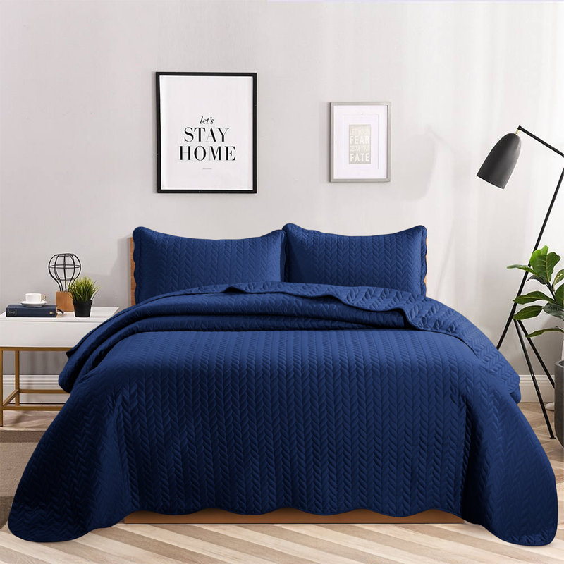 Embossed Microfiber Bedspread Set For California King – Oversized, Soft & Dust-Resistant, 3-Piece, Blue