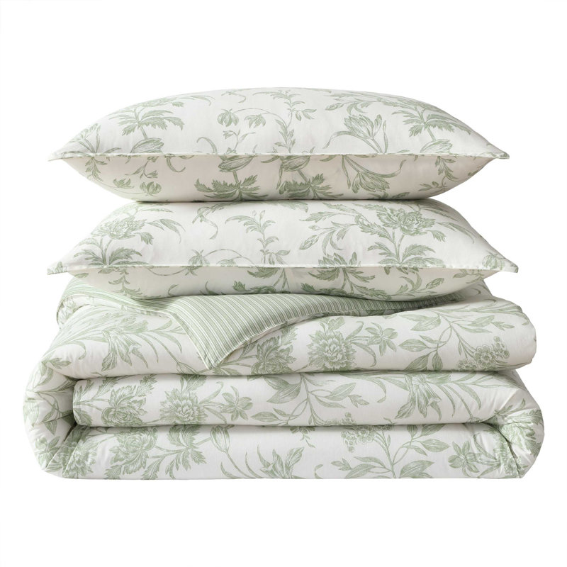 Laura Ashley Natalie Green Cotton Duvet Cover Set, Queen Duvet Cover + 4 Shams