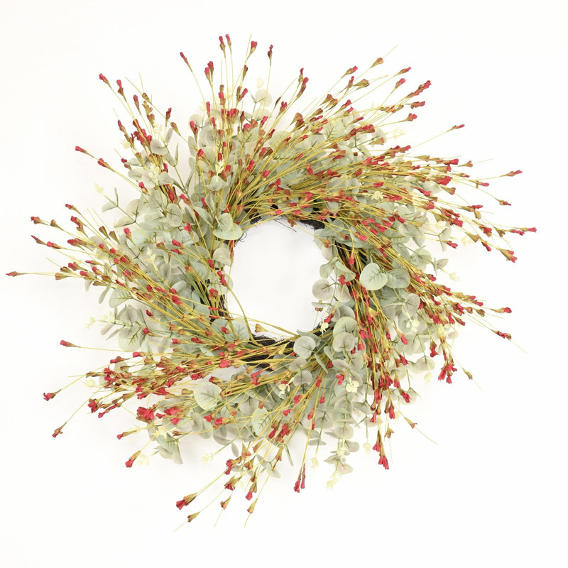 Couronne de porte artificielle florale 24 po Eucalyptus Spring Summer, Vert/rouge