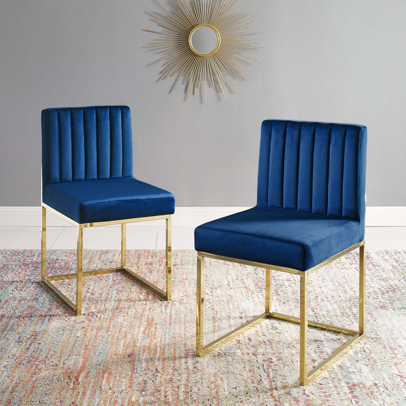 Chaise de salle à manger rembourrée en tissu Carled, Or, Marine, 2