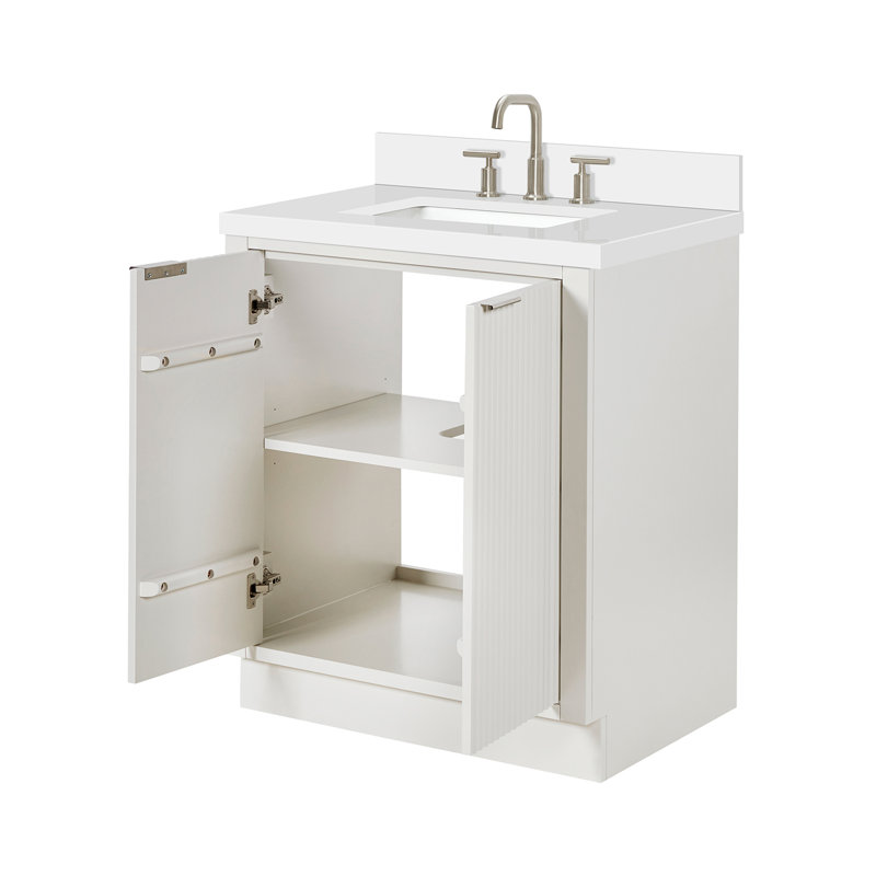 Haun 30'' Solid Wood Single Bathroom Vanity with 1.5'' White Quartz Top in Warm White, Rectangular Sink, Rectangle