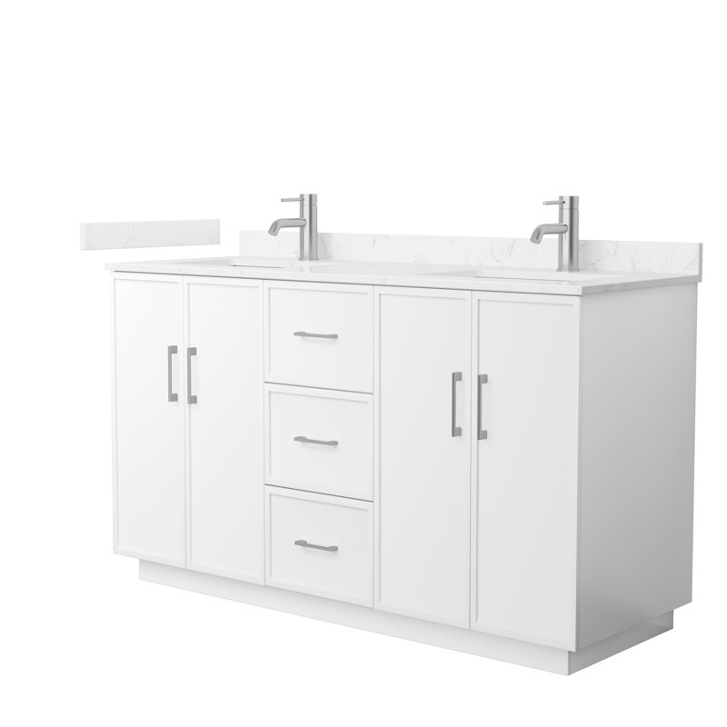 Meuble-lavabo double 60 po Elan TK, Marbre de culture de Carrare, Blanc, Nickel brossé