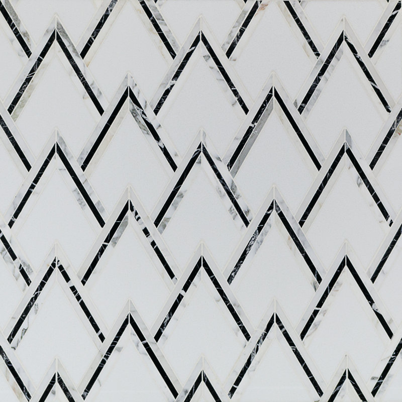 Carreau de mosaïque murale à chevrons en marbre 4,23 "x 5,28" Ogee, Noir / blanc