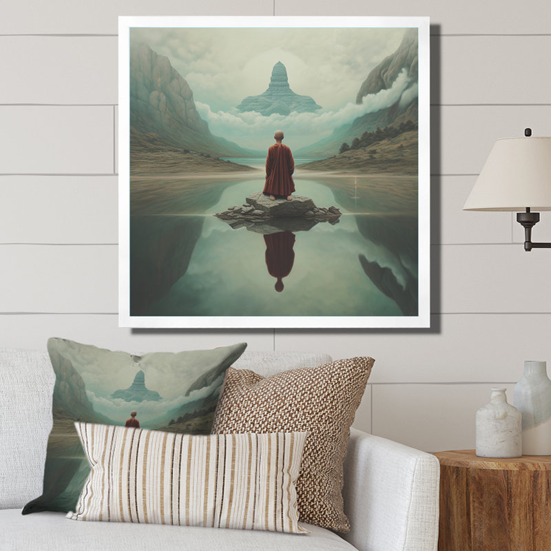 Mindfulness bouddhiste vison méditant sur toile, Cadre simple blanc, H 30 po x l 30 po x P 1 po