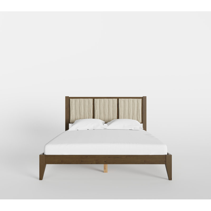 Henry Solid Wood Upholstered Headboard Bed Frame, Walnut, Queen