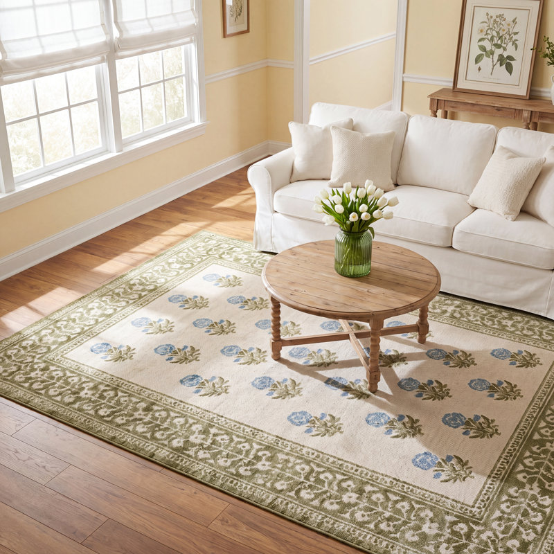 Anders Traditional Floral Wool and Nylon Green Area Rug, Runner 2'3" x 7'6"