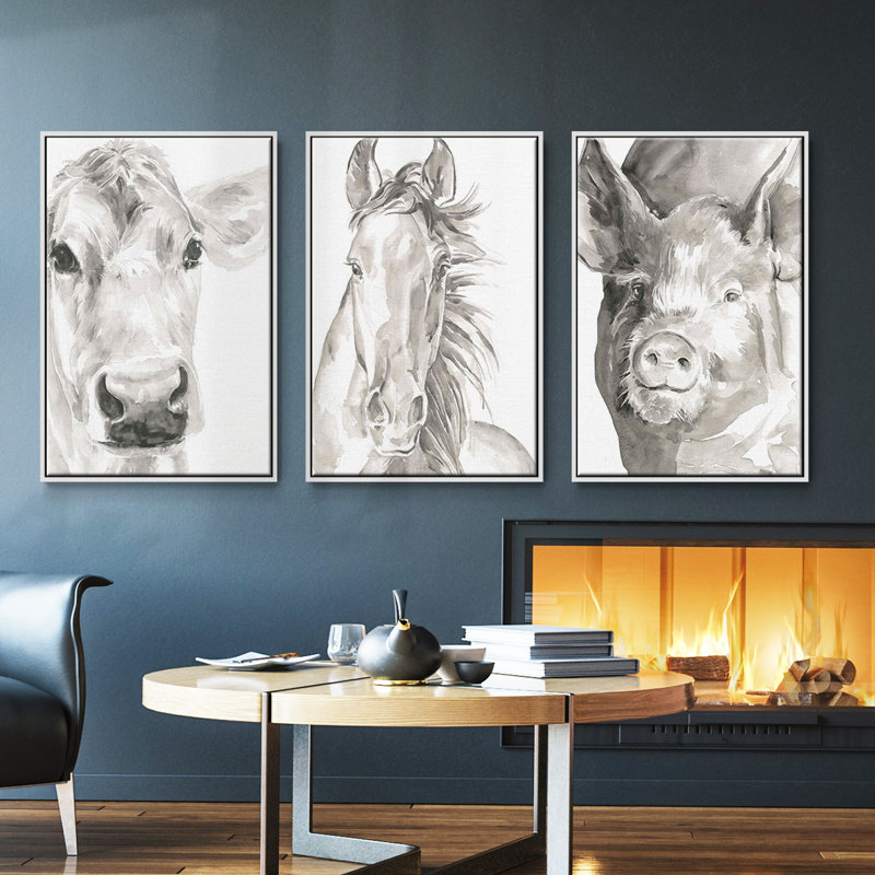 Farm face I, ensemble de 3 toiles encadrées, H 40 po x l 78 po, Cadre blanc