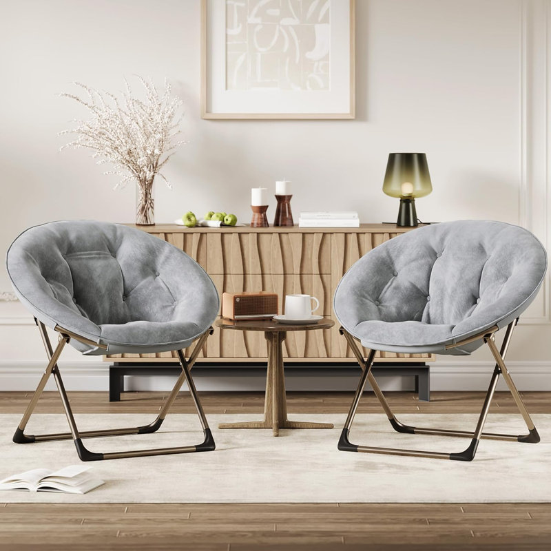 Paquet de 2 chaises soucoupes, chaises pliantes en fausse fourrure moelleuses avec structure en métal, sièges de salon surdimensionnés pour adolescents, gris