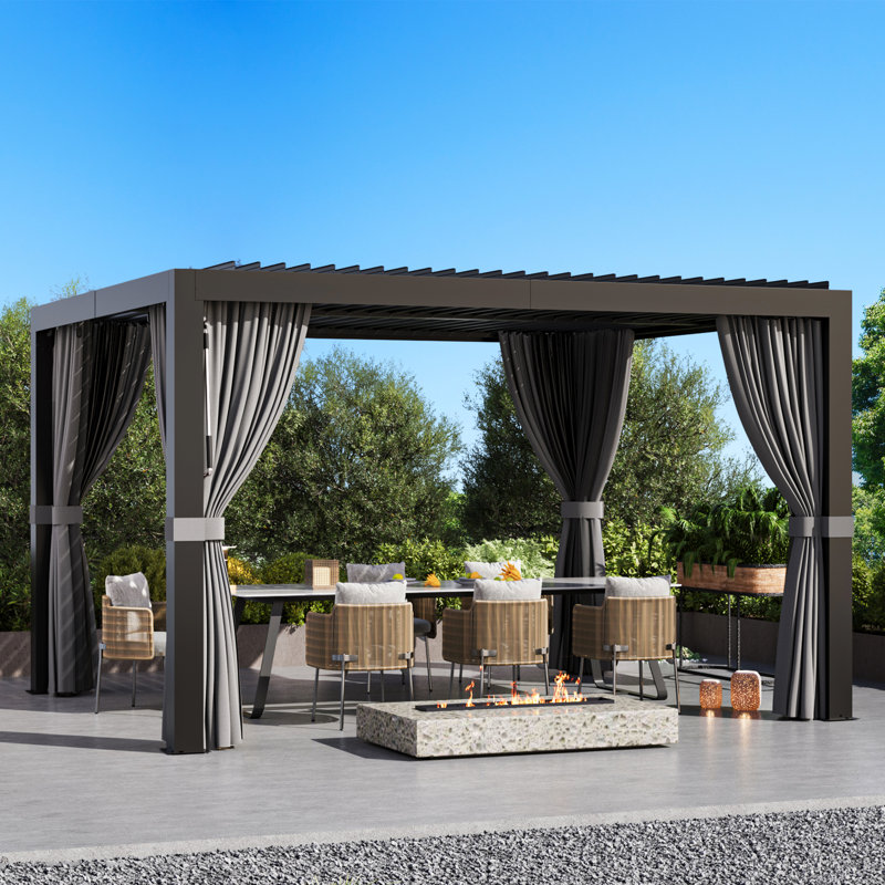 Aurora 10‘ X 12'  Louvered Pergola With Adjustable Double -Layer Lovers,Built-In Gutter System And USB Charging Socket,Mosquito Netting And Curtains
