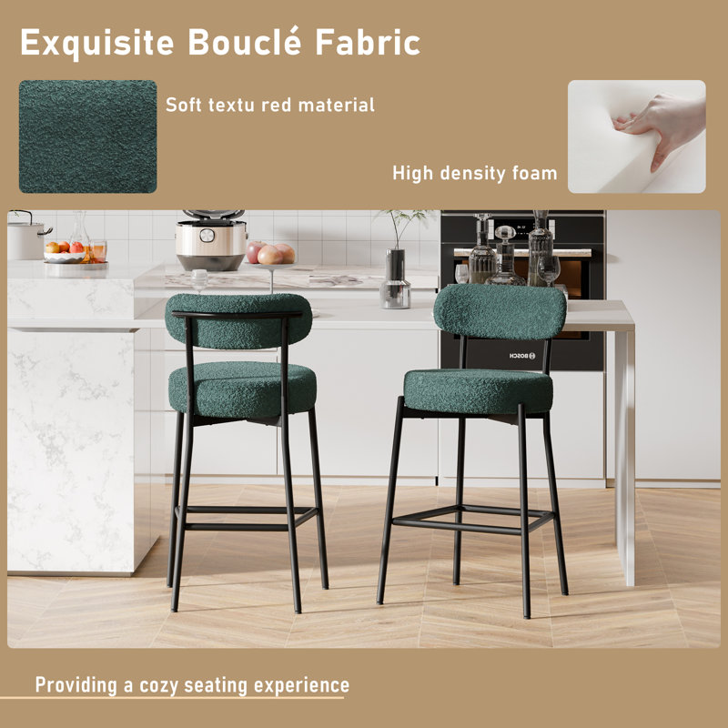 Sherpa Counter Height Bar Stools Set of 6 Modern Upholstered Barstools with Curved Open Back/Round Seat Boucle Comfortable Bar Chairs for Kitchen Island, 24.6 Inch