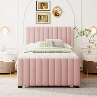 Lit plateforme tapissier simple en velours avec lit gigogne simple, rose