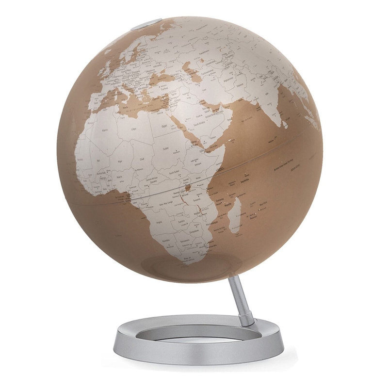 Globe terrestre iconique de 12 pouces - carte minimaliste argentée / grise, monture inclinée