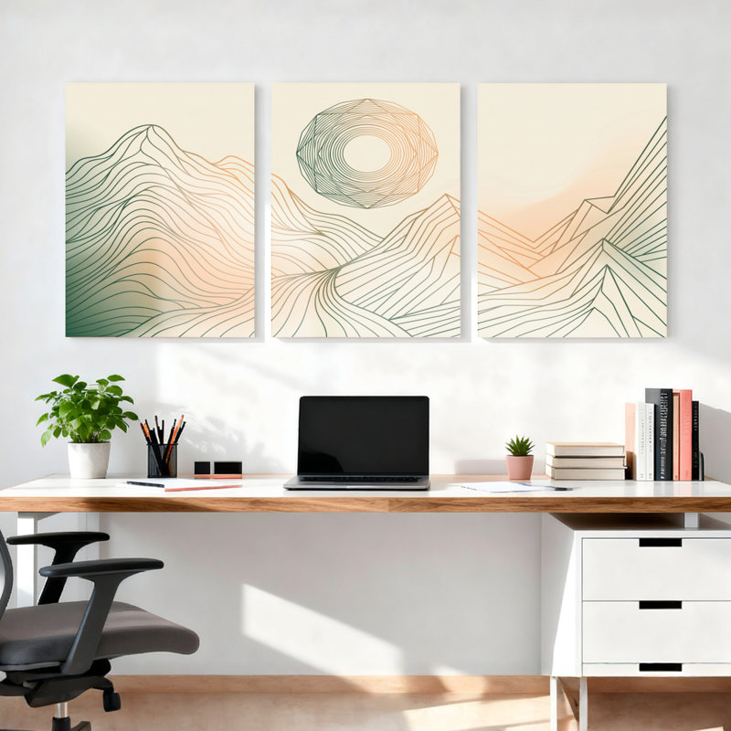 Ensemble de 3 tableaux abstraits de paysages de montagne sur toile tendue, H 18 po x l 36 po