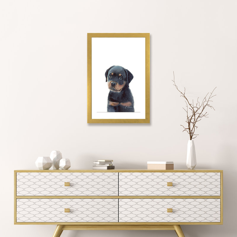 «Rottweiler Puppy» par Watercolor Luv - reproduction d'art, H 24 po x l 16 po x P 1 po, Papier encadré doré, Blanc