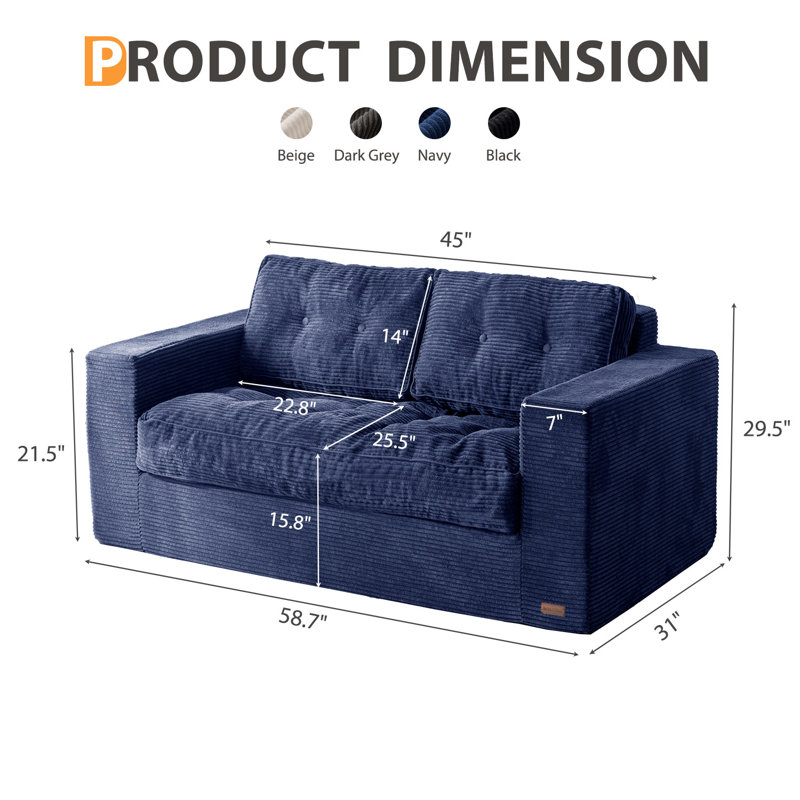 2 Seater Corduroy Couch Compression Loveseat Sofa Upholstered Floor Sofa, Navy Corduroy