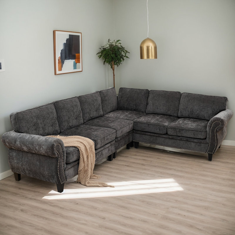 Canapé modulaire d'angle en L, Chenille grise foncée