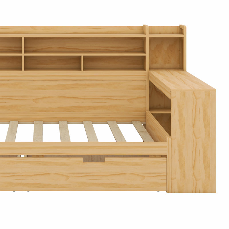 Lit de jour avec tablettes de rangement, lit multifonctionnel avec deux tiroirs de rangement et bureau d'étude