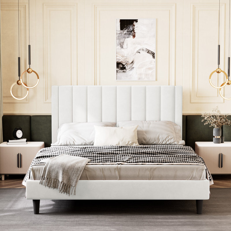 Lit plateforme tapissier Ozella - Aucun sommier requis, assemblage facile, Grand lit, Blanc