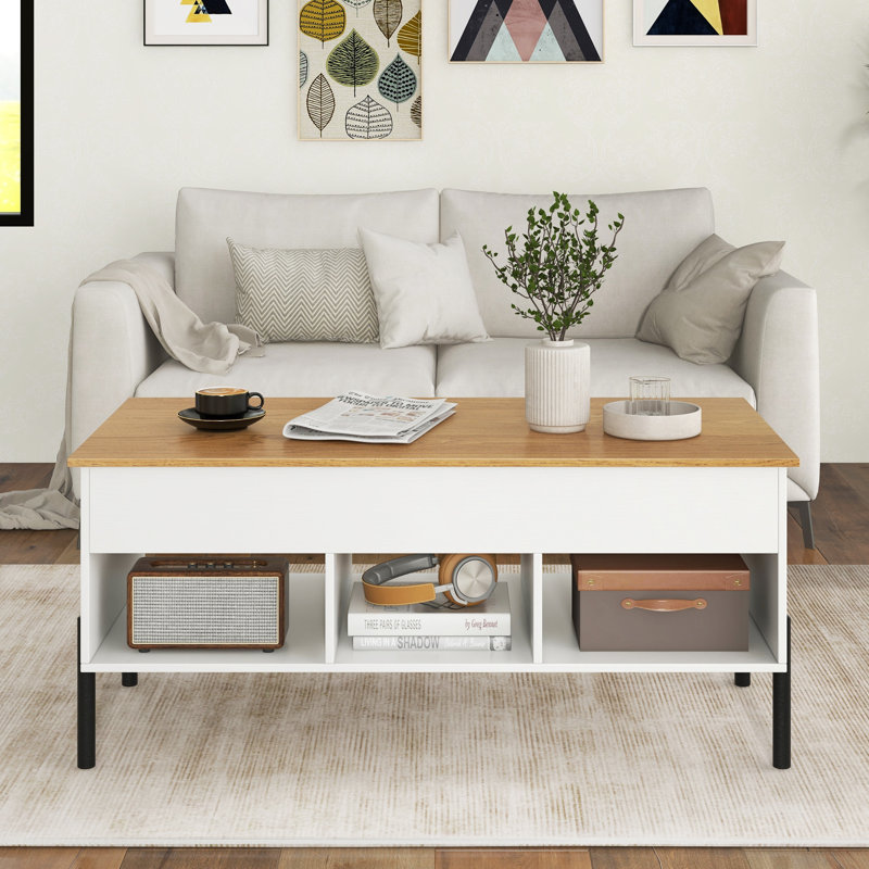 Lift Top Coffee Table with Storage, Natural Wood Top/White Base