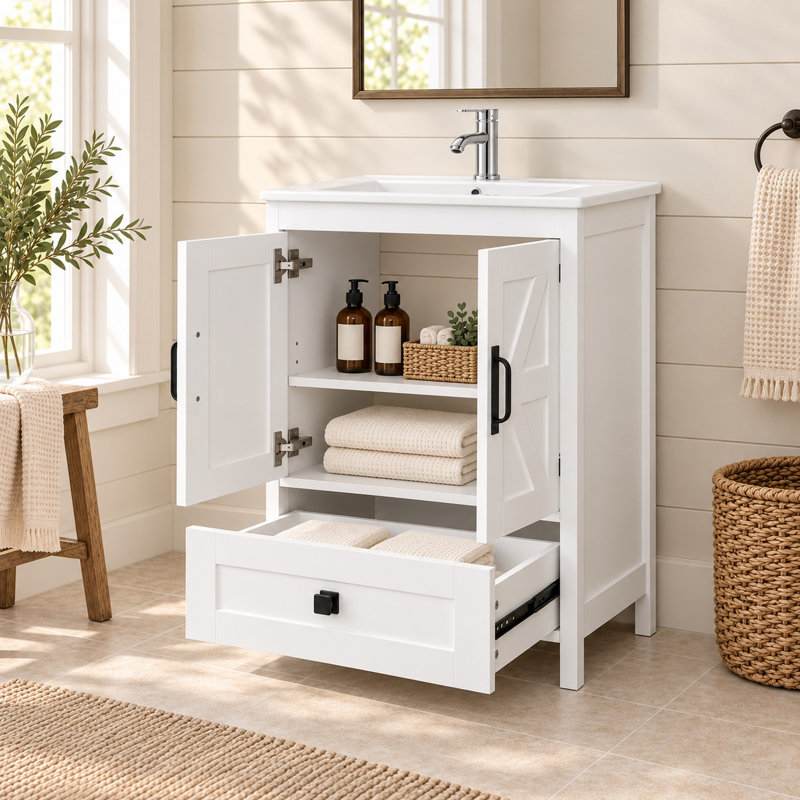 Ensemble de vanité de 61 cm (24 po) avec lavabo encastré et robinet, espace de rangement dissimulé - Blanc, Blanc, 24"