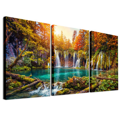 Cascade de cascades sur une piscine turquoise en automne, ensemble de 3 toiles
