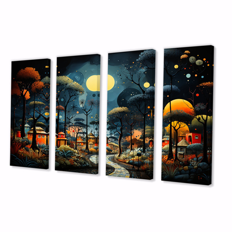 «Yellow Yellow Pygmy Village Chronicles II - Tribal africain», art mural 4 pièces, H 28 po x l 48 po