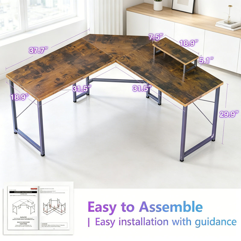 L-Shaped Metal Base Computer Desk, Brown