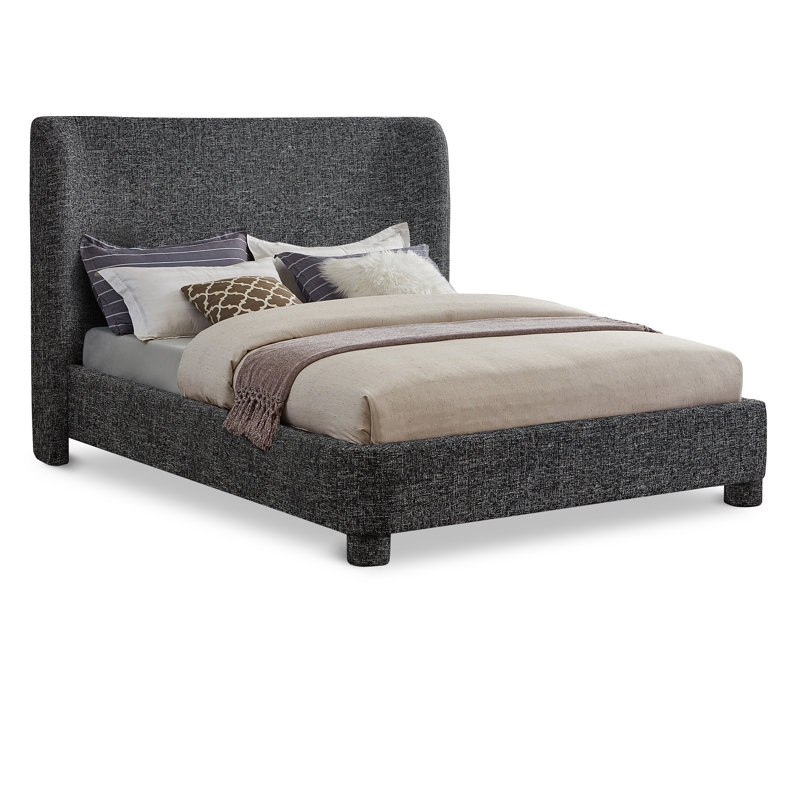 Kiria Upholstered Wingback Bed, Black Linen Textured Fabric, Queen