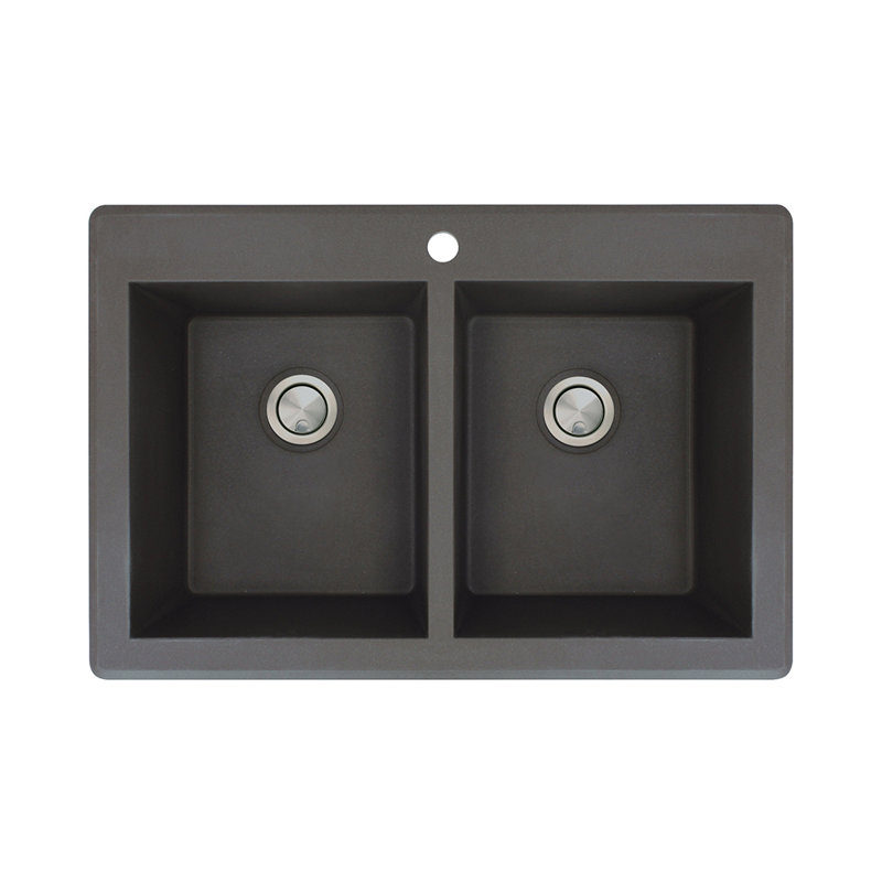 Radius 33.0625'' L Double Bowl Granite Kitchen Sink, Black, 3 hole