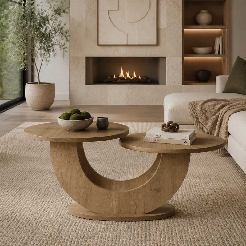 Table basse moderne à deux niveaux avec cadre en forme de U pour le rangement et la présentation du salon