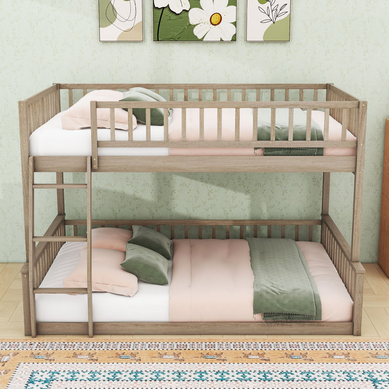 Wood Bunk Bed With Ladder And Slats, Walnut, Full XL Over Queen