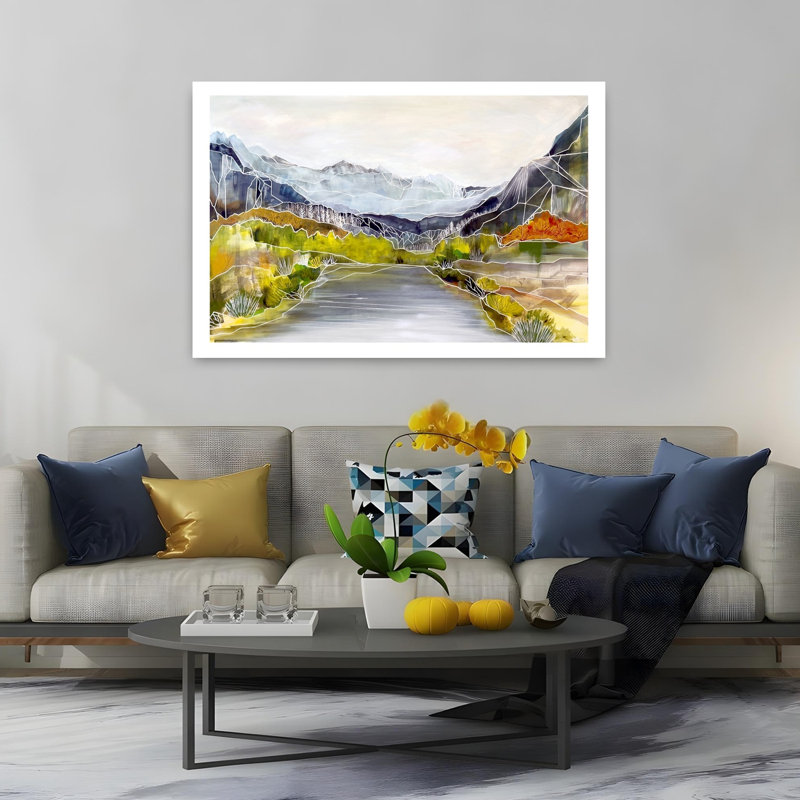 «Geometric River Valley», art géométrique coloré abstrait forêt d'automne, H 40 po x l 60 po