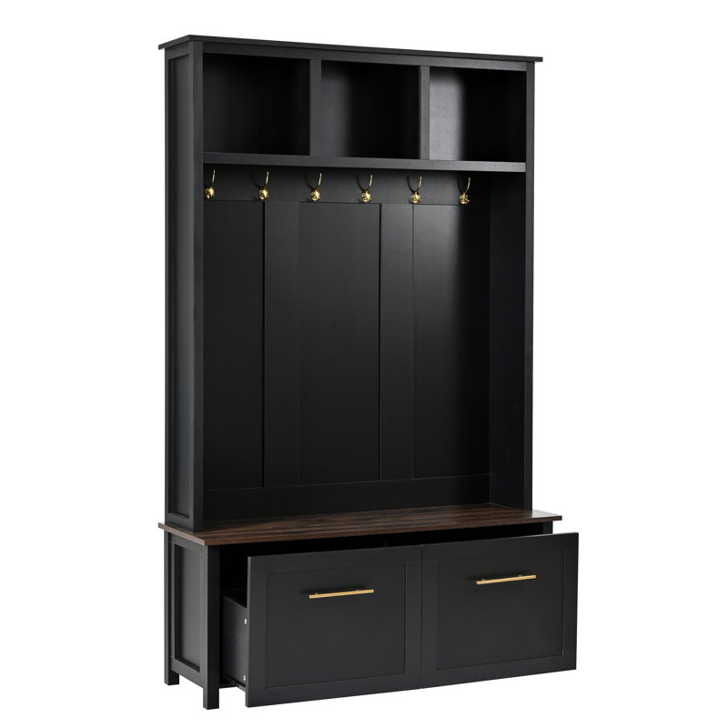 Versatile 4-In-1 Hall Tree With 6 Golden Hooks, Wood Grain Bench With Multiple Storage Space, Entryway Coat Rack With 2 Drawers For Living Room, Hallway, 76.6''H
