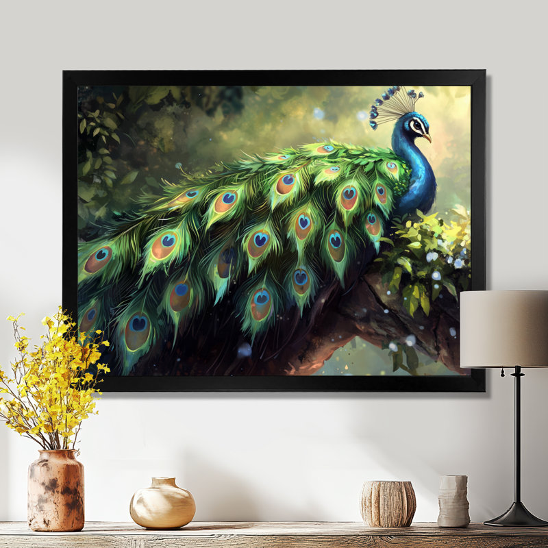 Royal Peacock Feather Show I - paon, art mural, Cadre simple, Noir, H 12 po x l 20 po