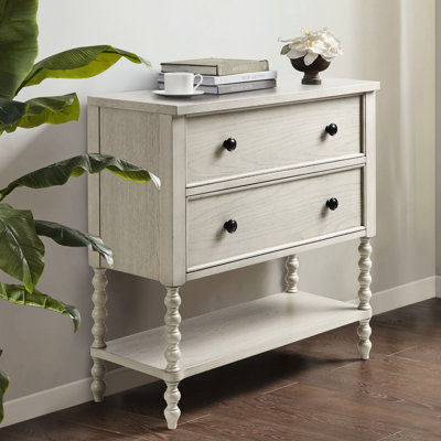 Commode élégante à 2 tiroirs avec pattes en bois massif et fini blanc antique pour la maison