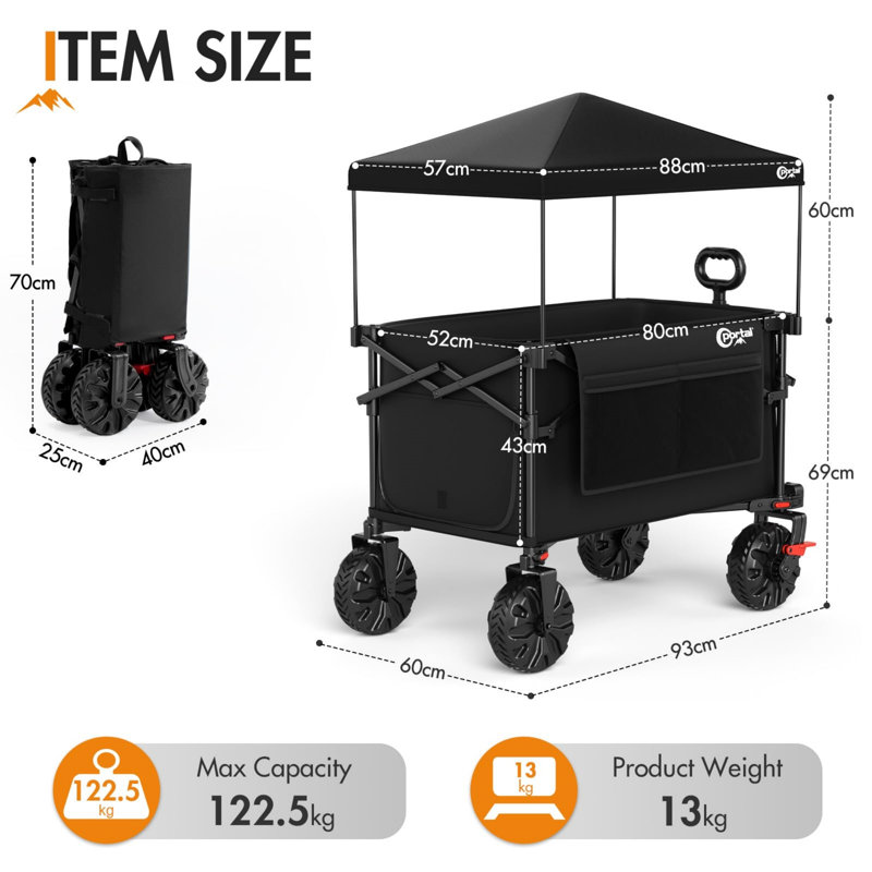 XXL Heavy Duty Beach & Camping Trolley With Canopy – 350L Collapsible Wagon With Brakes & Open Tailgate
