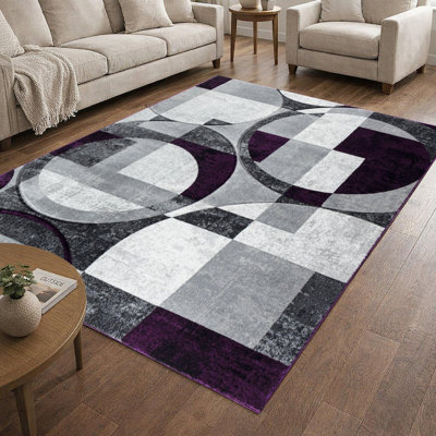 Tapis de salon/chambre 2,44 x 3,05 m (8 x 10 pieds), gris argenté et violet, à motifs géométriques sculptés à la main, en polyester doux à poils longs, style contemporain, ne perd pas ses poils.
