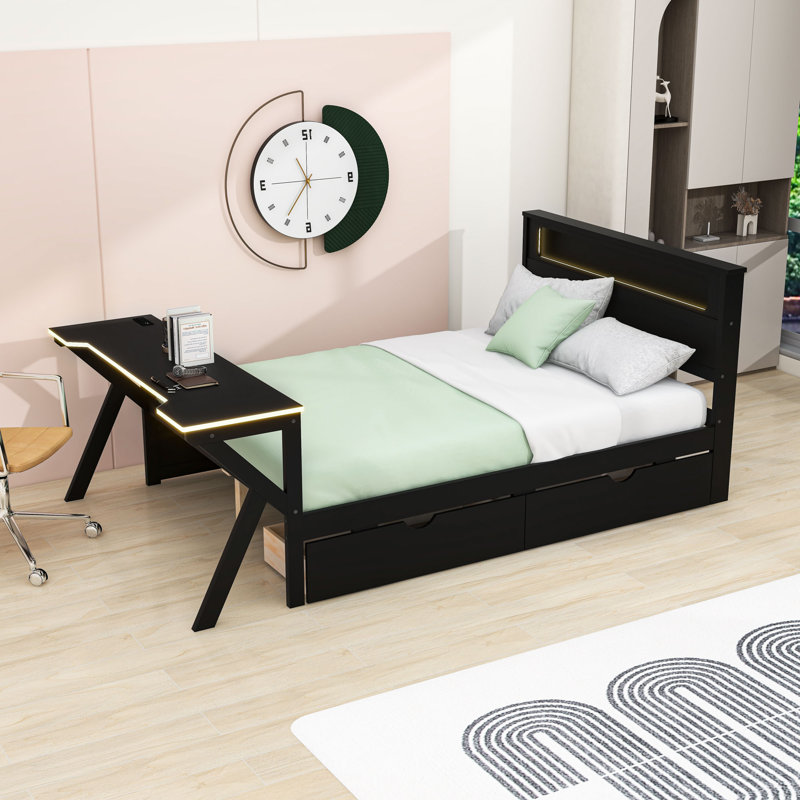 Two Drawers Wooden Platform Bed with Desk, LED Light and USB Ports, Full
