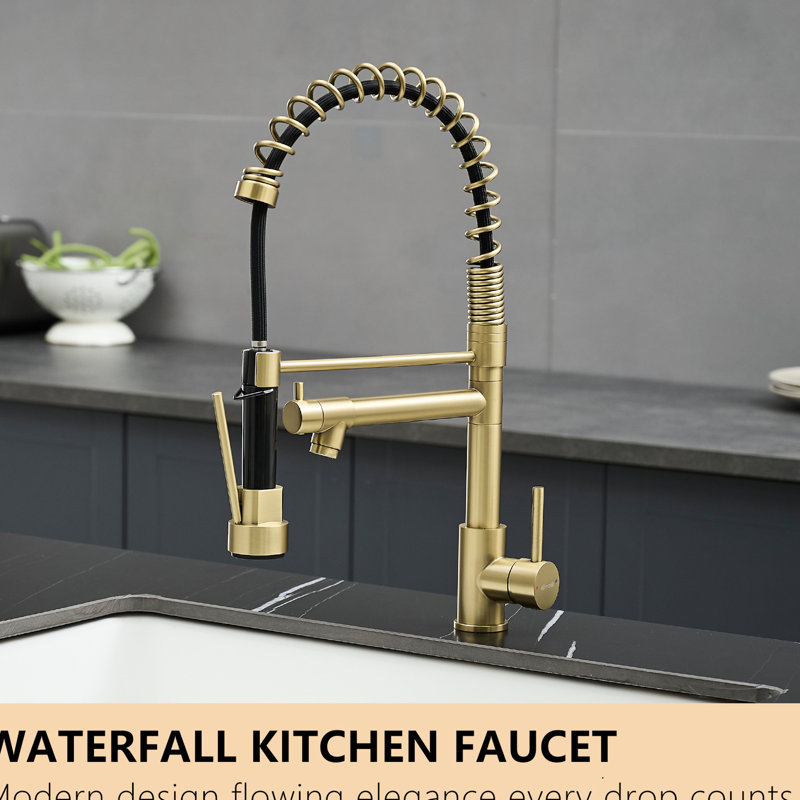 Stainless Steel Kitchen Sink Faucet, Pull Down , Brushed Gold, Fine Build Quality, Gold