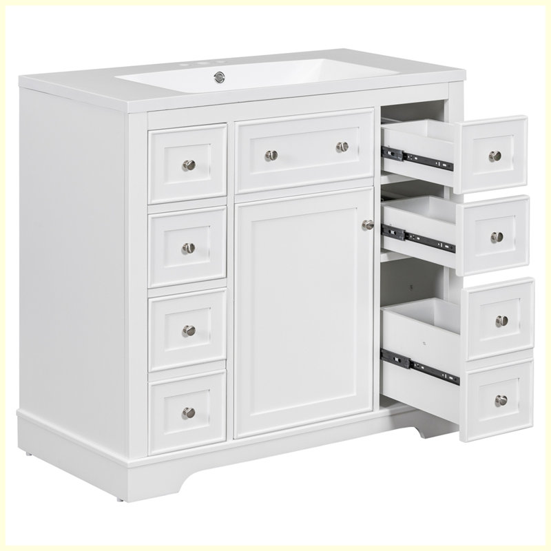 Ensemble de meuble-lavabo moderne avec lavabo et six tiroirs, Blanc / Blanc