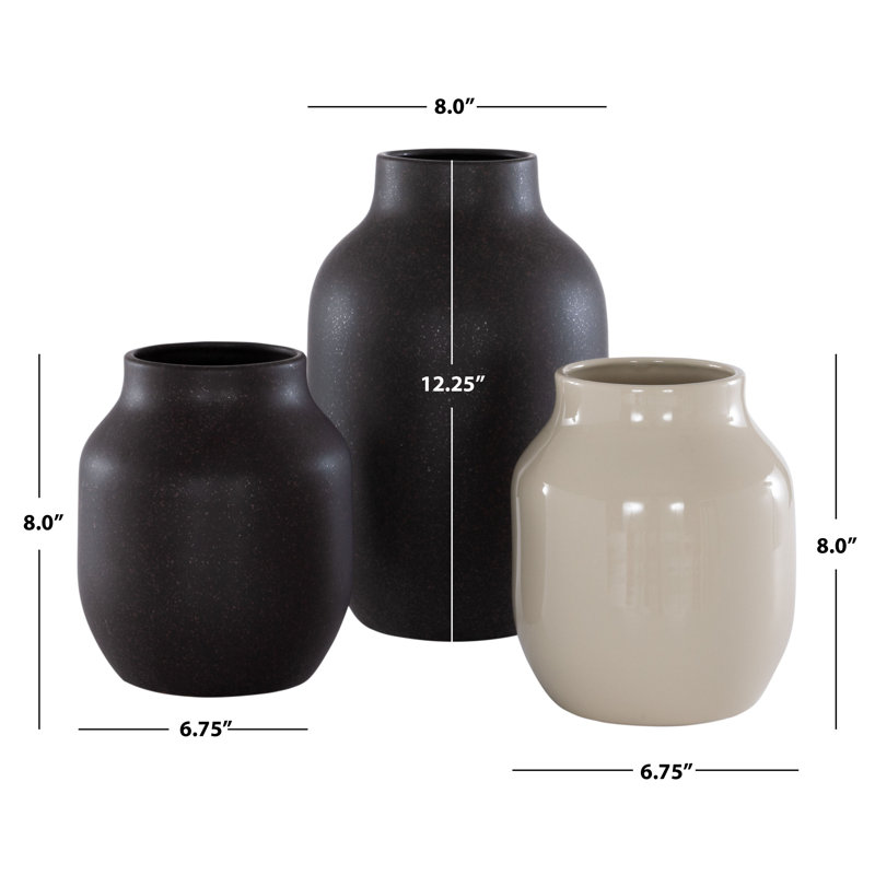 Charcoal & Beige Rustic Ceramic Vase Trio Set