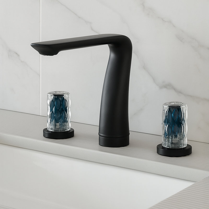 Susanna Widespread Faucet 2-handle Brass Bathroom Faucet with Blue Glass Handles, Matte Black
