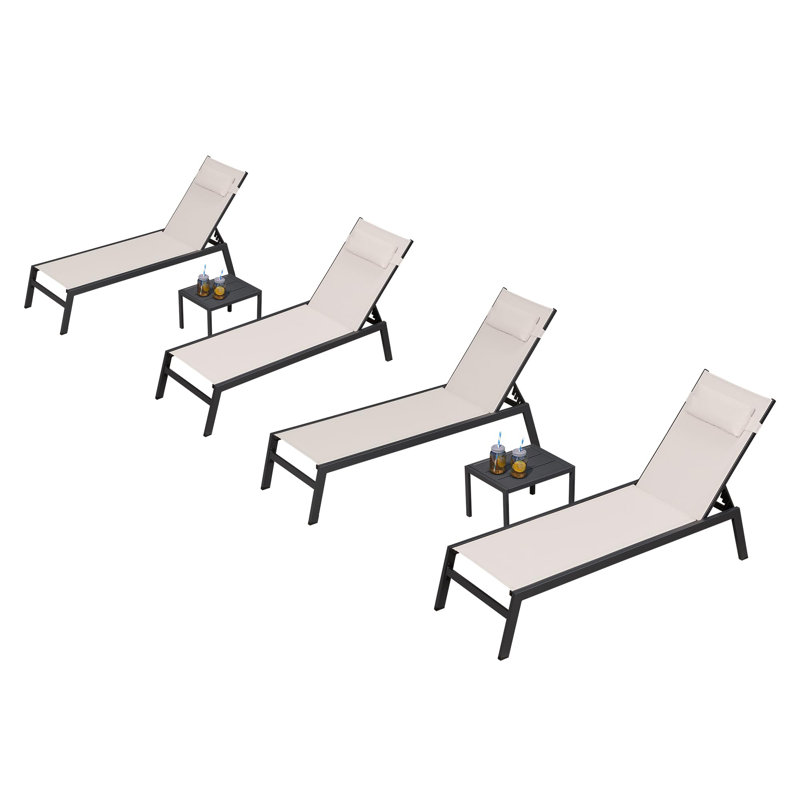 Chaise longue d'extérieur en aluminium avec table d'appoint et coussin pour la piscine extérieure, Kaki